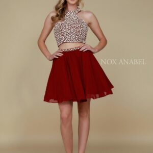Homecoming Short Two Piece Set Beaded Halter Prom Dress