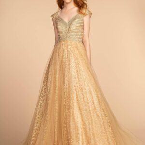 Long Formal Cap Sleeve Glitter Print Skirt Prom Dress