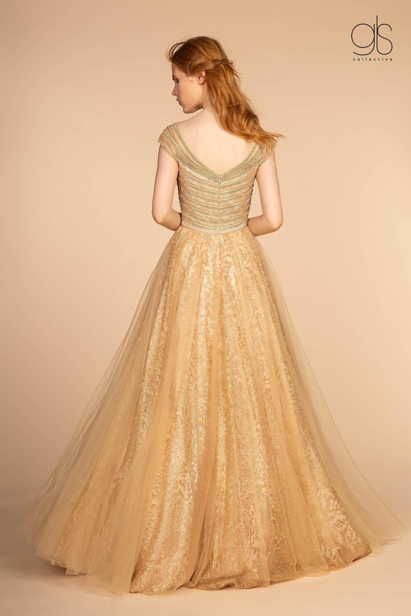 Long Formal Cap Sleeve Glitter Print Skirt Prom Dress - Image 2