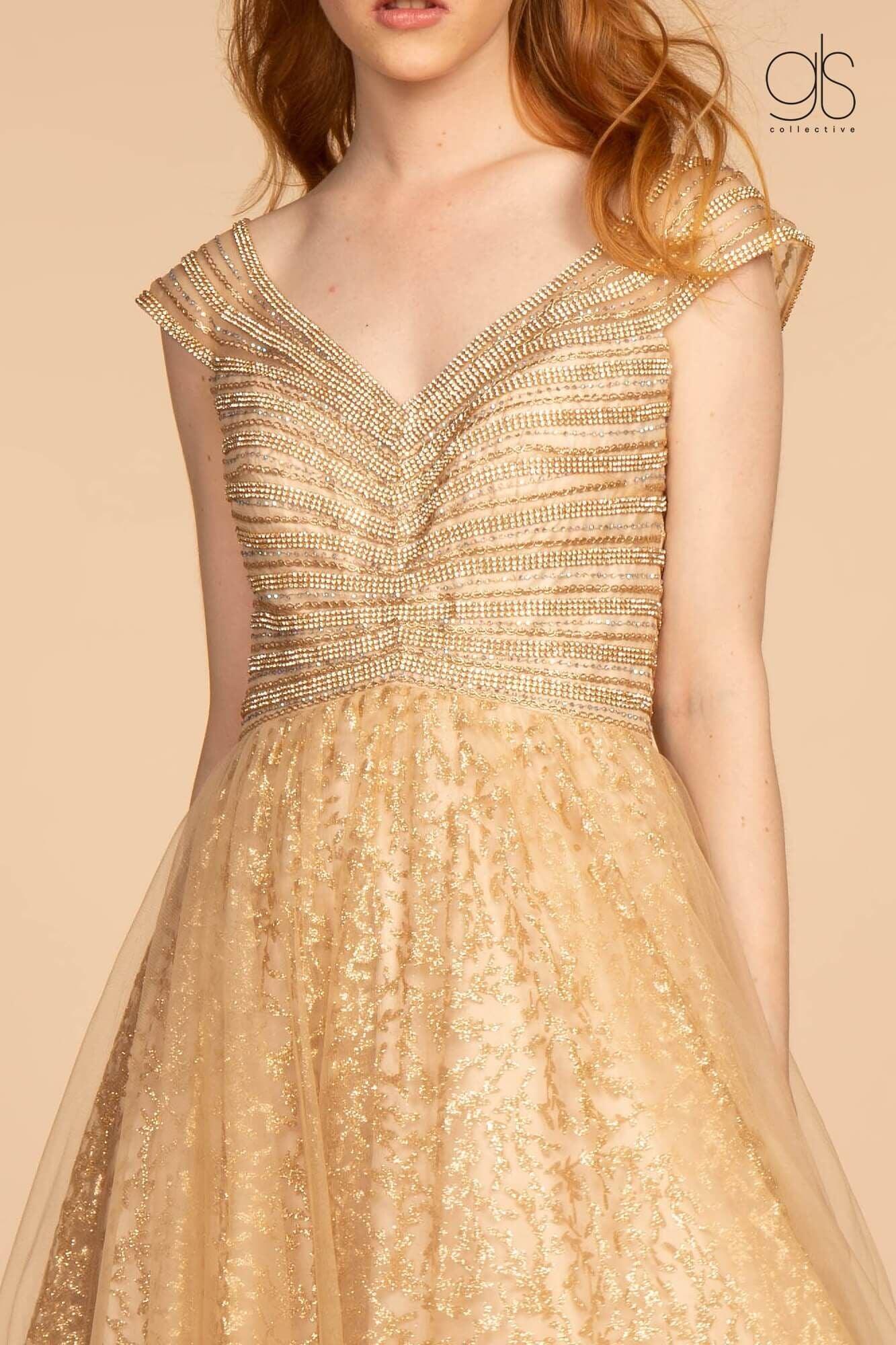 Long Formal Cap Sleeve Glitter Print Skirt Prom Dress - Image 3