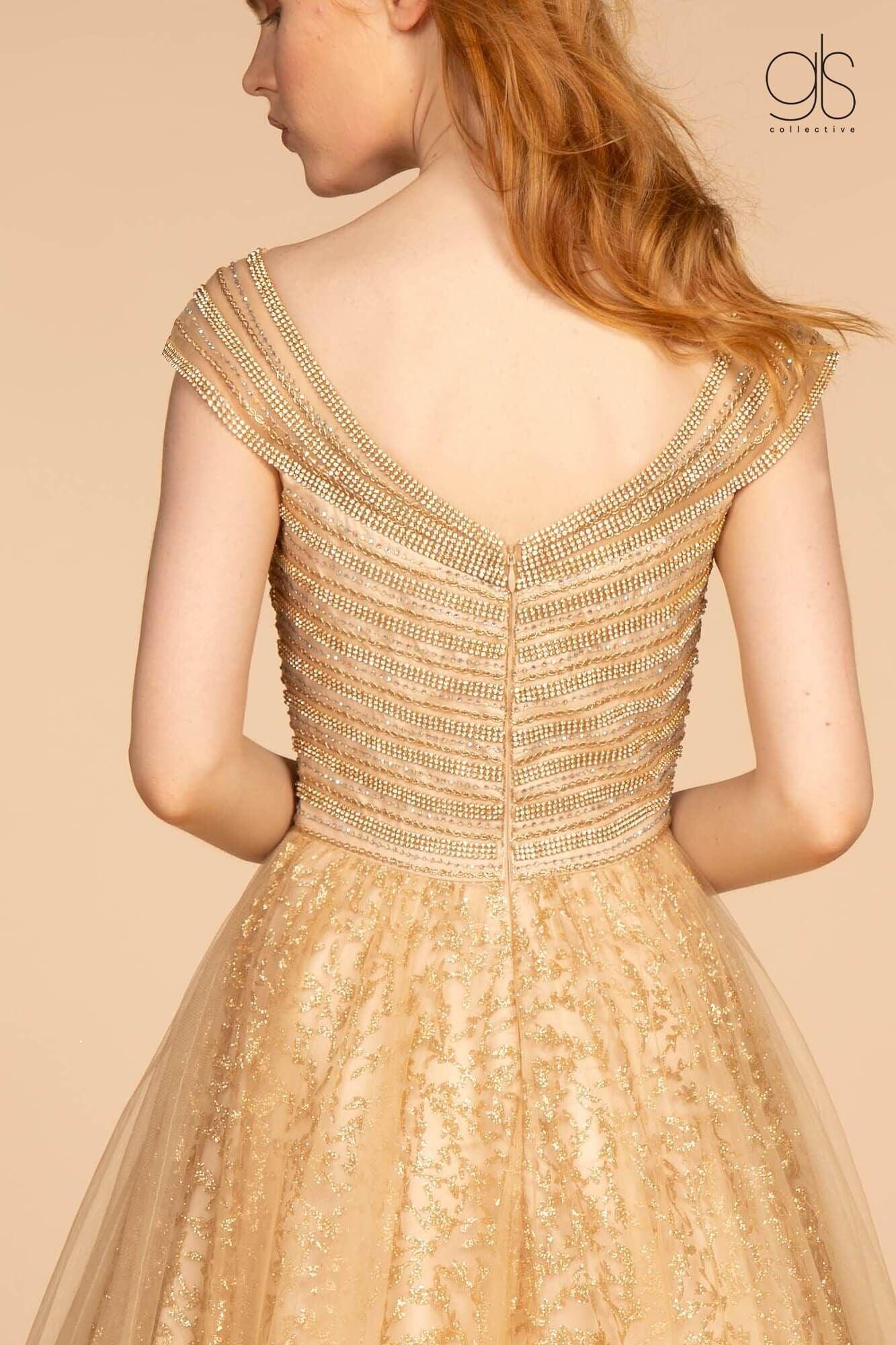 Long Formal Cap Sleeve Glitter Print Skirt Prom Dress - Image 4
