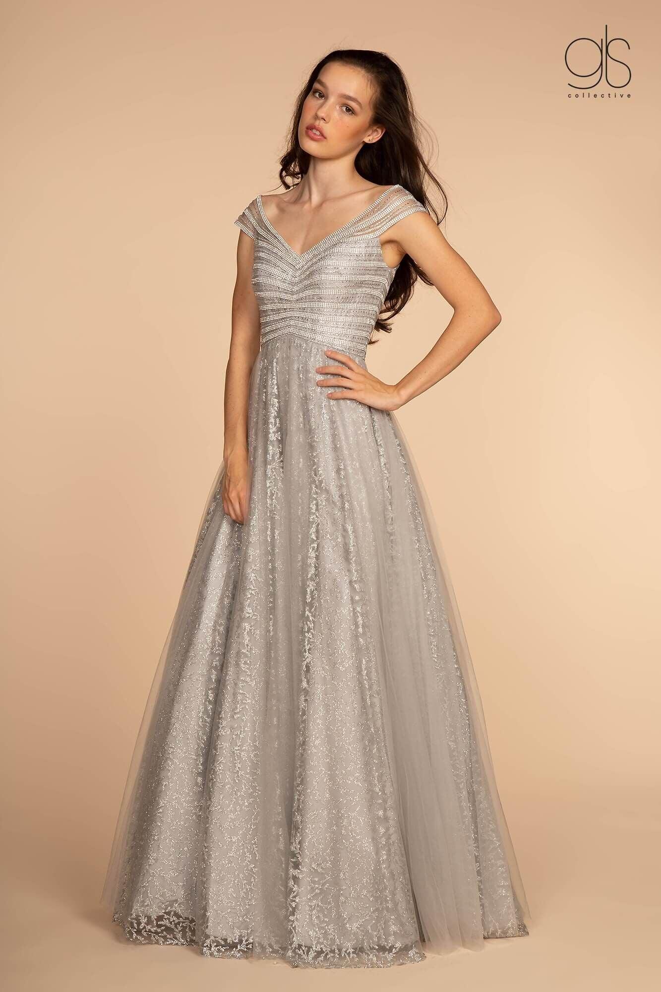 Long Formal Cap Sleeve Glitter Print Skirt Prom Dress - Image 5