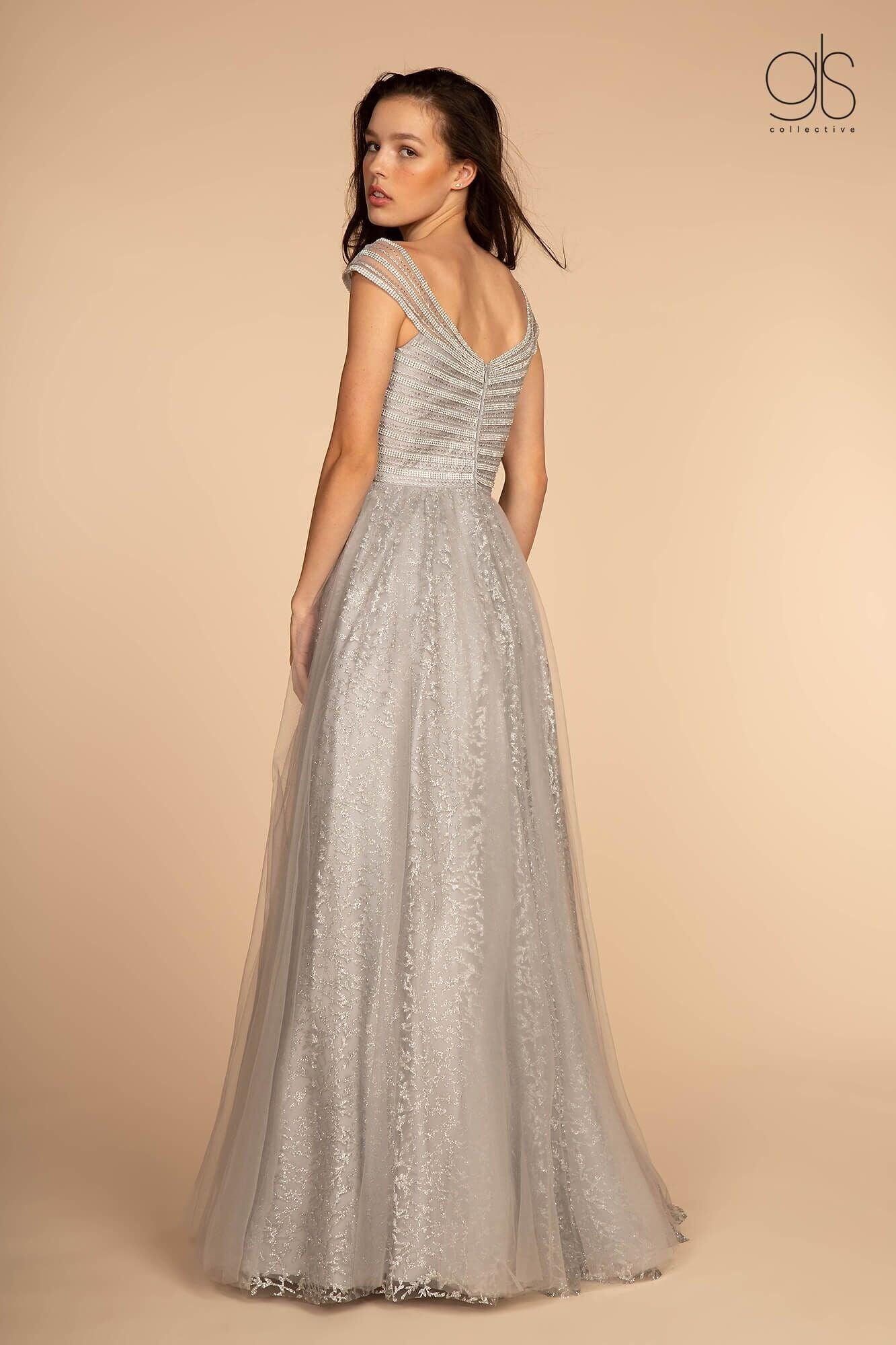 Long Formal Cap Sleeve Glitter Print Skirt Prom Dress - Image 6