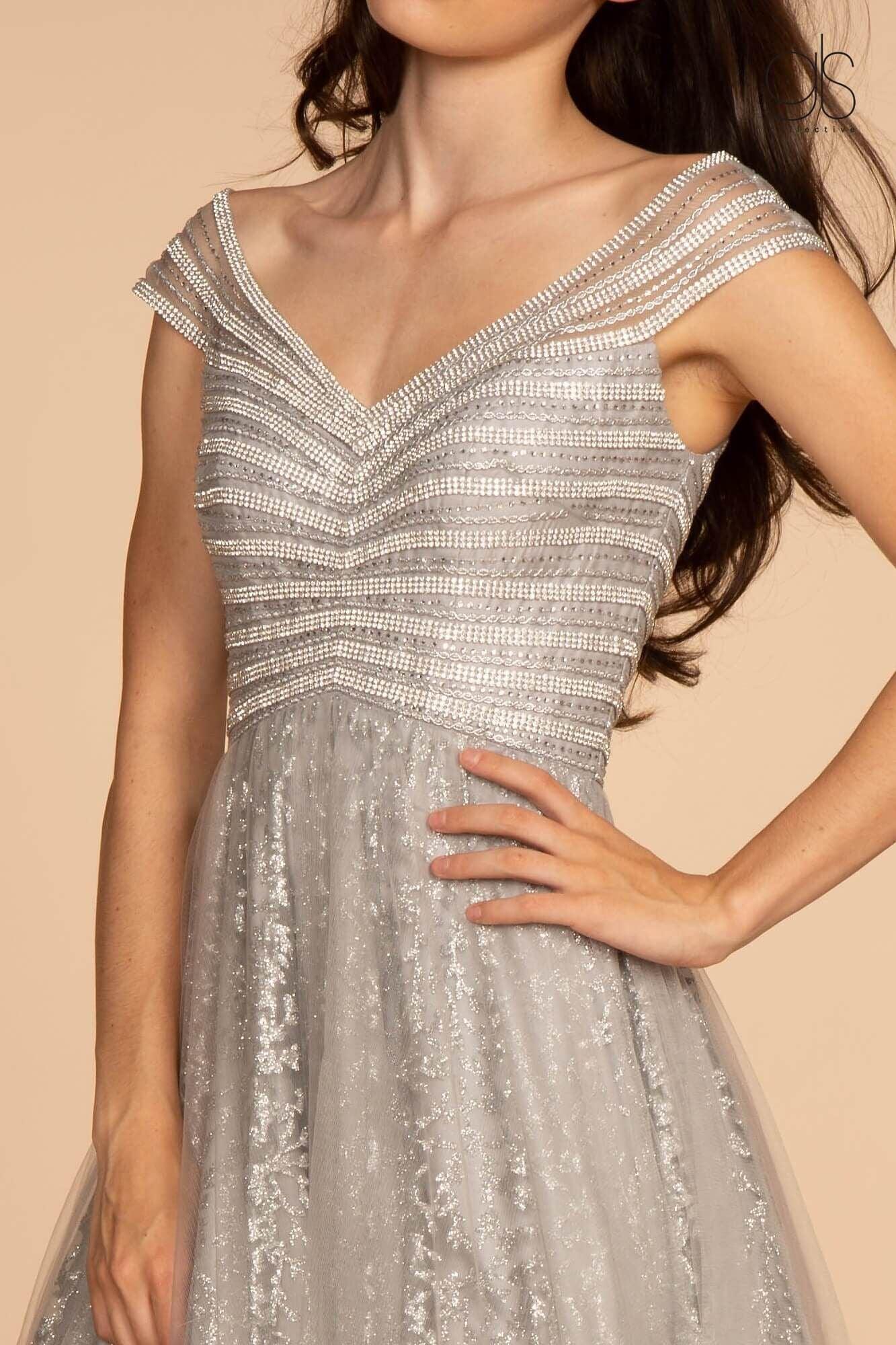 Long Formal Cap Sleeve Glitter Print Skirt Prom Dress - Image 7