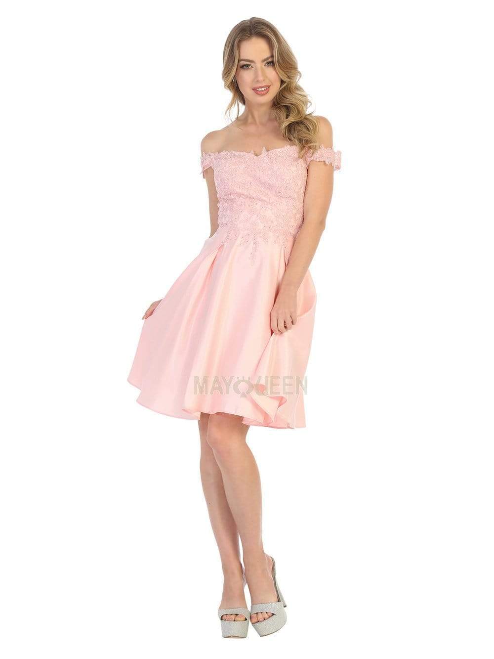 Off-Shoulder Short Satin Cocktail Dress Lace May Queen MQ1766 - Image 2
