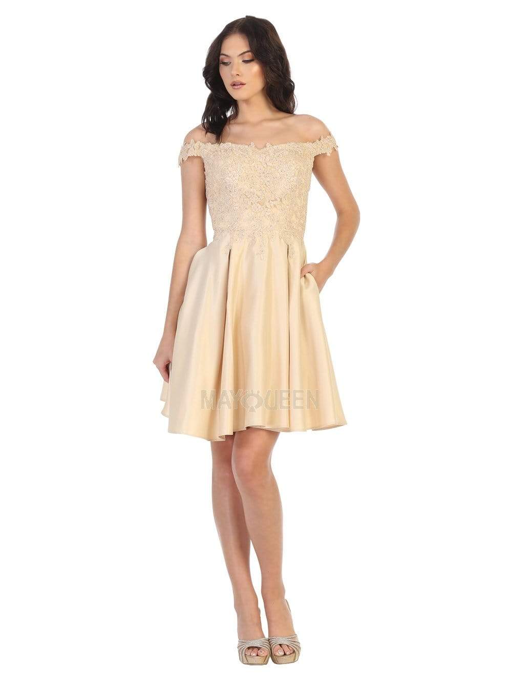 Off-Shoulder Short Satin Cocktail Dress Lace May Queen MQ1766 - Image 5