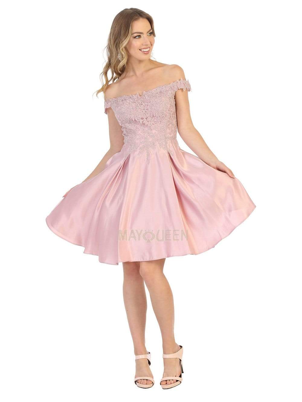 Off-Shoulder Short Satin Cocktail Dress Lace May Queen MQ1766 - Image 9