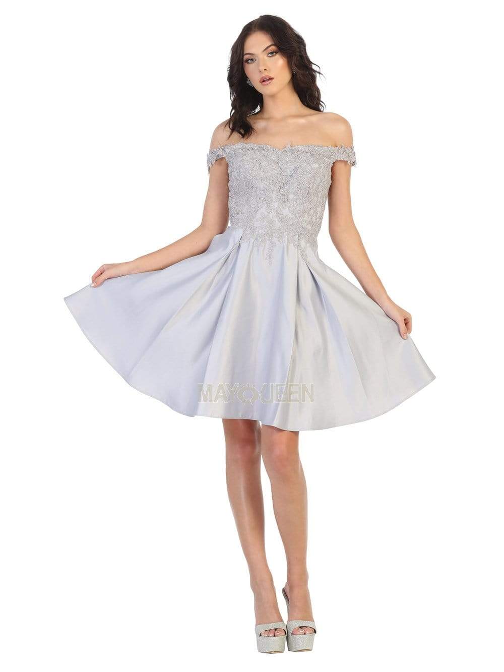 Off-Shoulder Short Satin Cocktail Dress Lace May Queen MQ1766 - Image 11