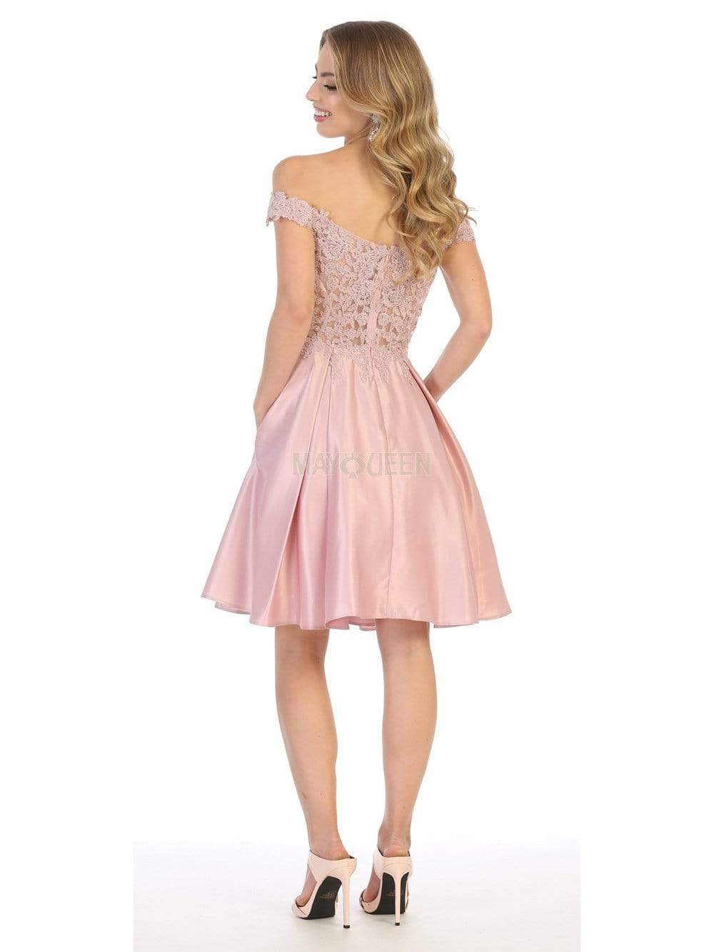 Off-Shoulder Short Satin Cocktail Dress Lace May Queen MQ1766 - Image 8