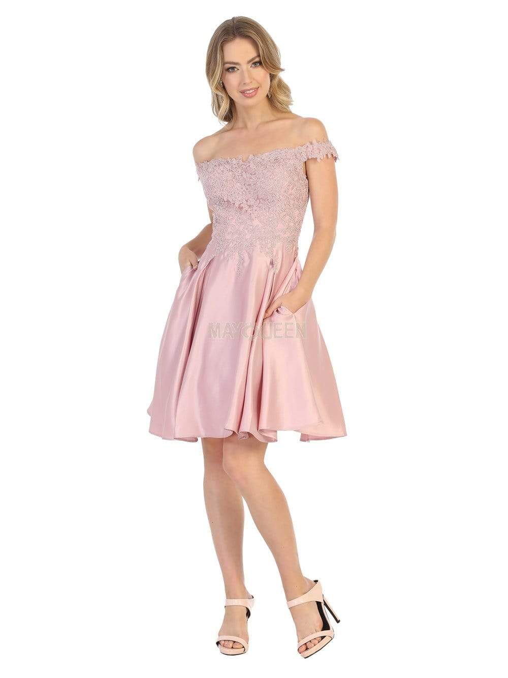 Off-Shoulder Short Satin Cocktail Dress Lace May Queen MQ1766 - Image 7