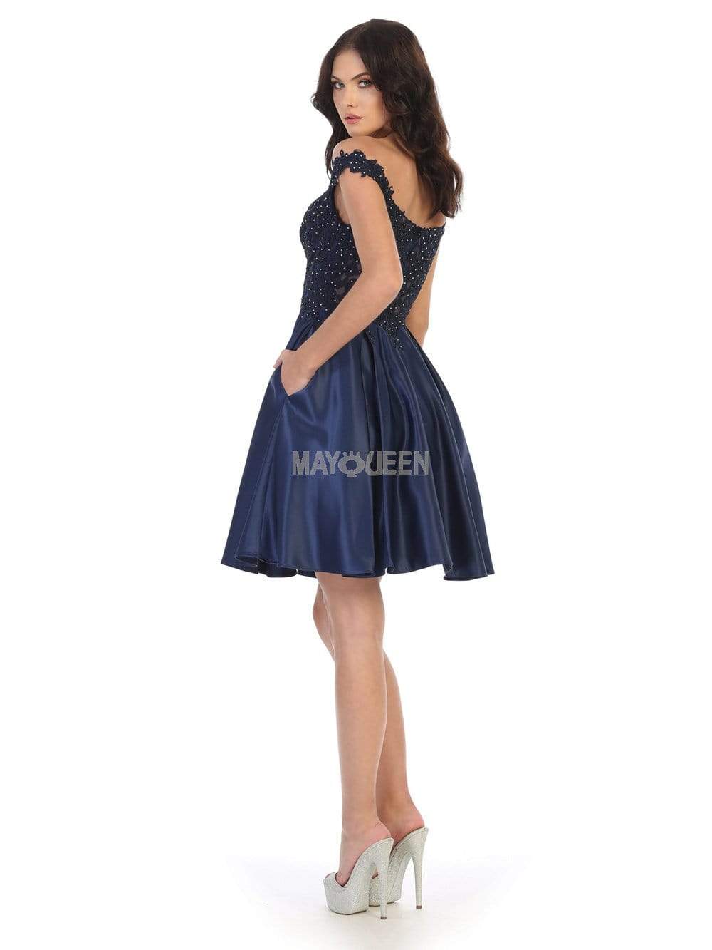Off-Shoulder Short Satin Cocktail Dress Lace May Queen MQ1766 - Image 10