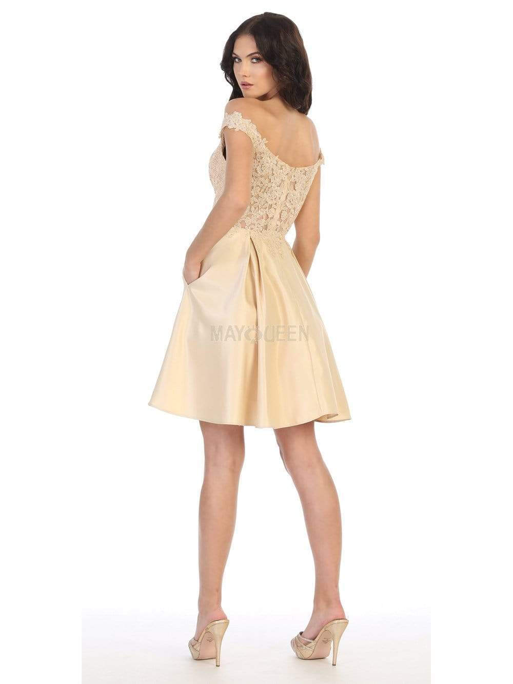 Off-Shoulder Short Satin Cocktail Dress Lace May Queen MQ1766 - Image 6