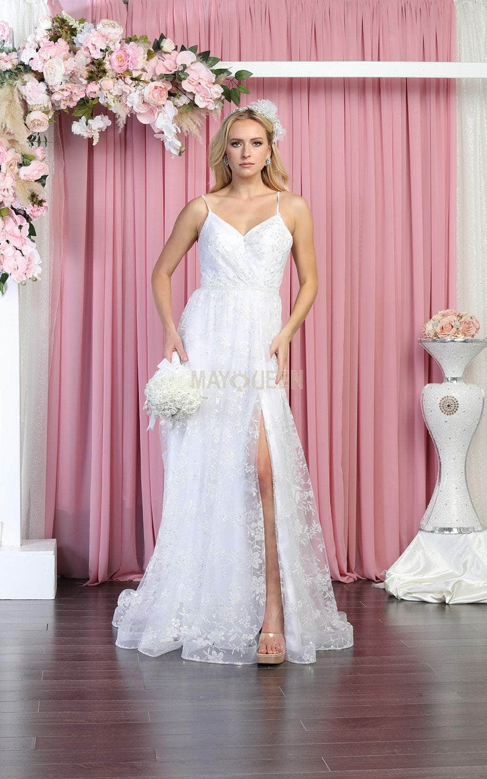 V-Neck Floor-Length Sequin Wedding Lace-Up Gown May Queen MQ1787