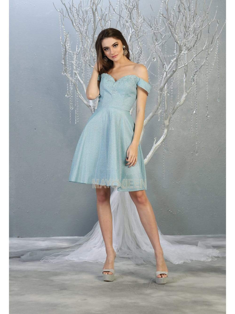 Off-Shoulder Short Glitter Cocktail Dress A-Line May Queen MQ1788