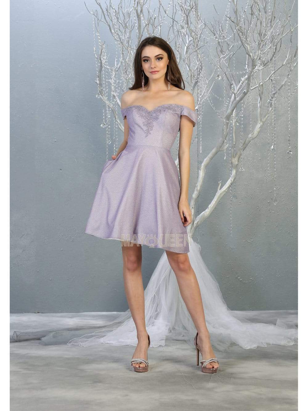 Off-Shoulder Short Glitter Cocktail Dress A-Line May Queen MQ1788 - Image 4