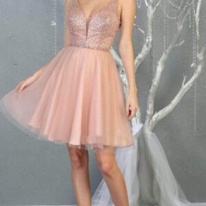 V-Neck Short Tulle Cocktail Dress Rhinestone May Queen MQ1797