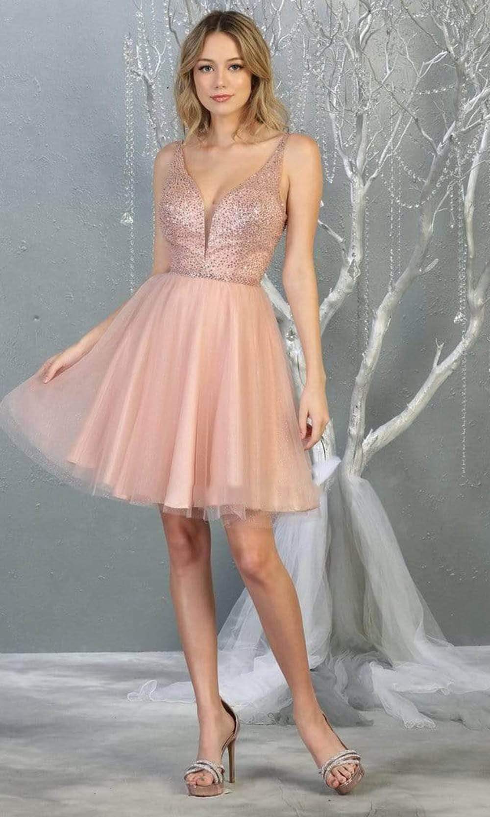 V-Neck Short Tulle Cocktail Dress Rhinestone May Queen MQ1797