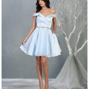 Off-Shoulder Short Satin Cocktail Dress Rhinestone May Queen MQ1815