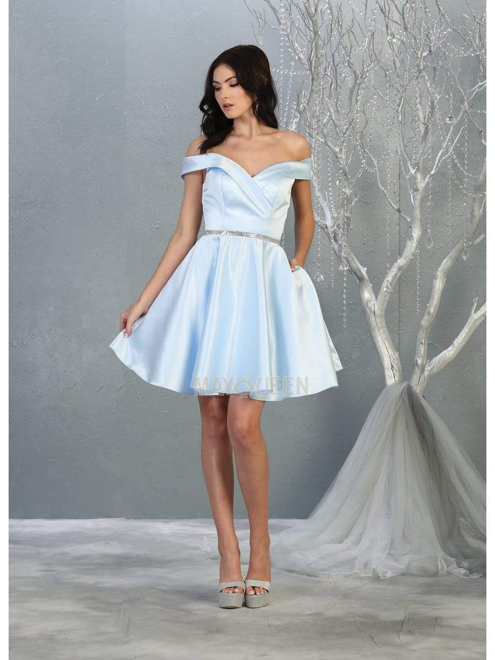 Off-Shoulder Short Satin Cocktail Dress Rhinestone May Queen MQ1815