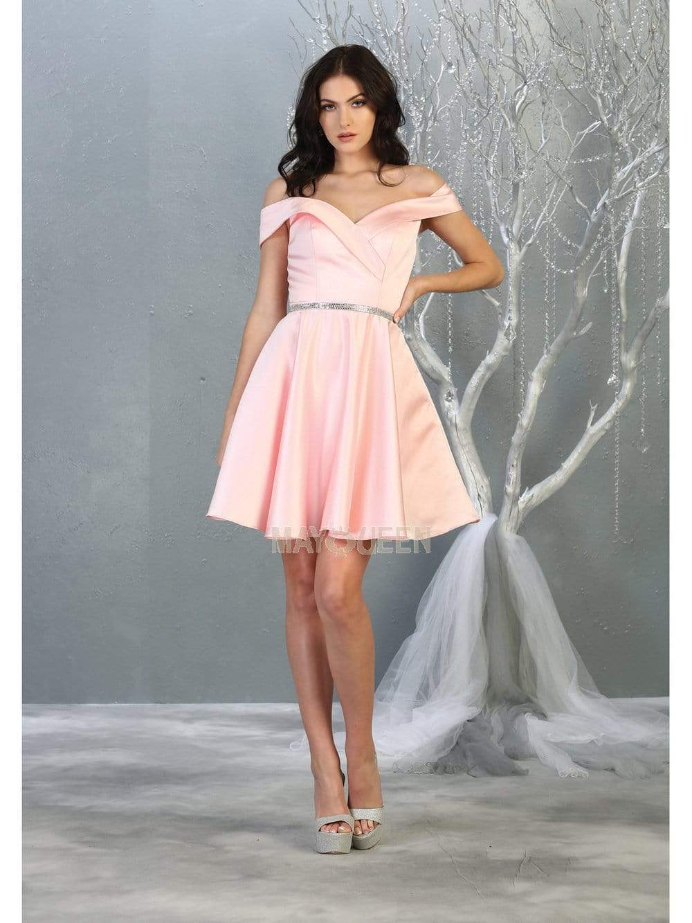 Off-Shoulder Short Satin Cocktail Dress Rhinestone May Queen MQ1815 - Image 3