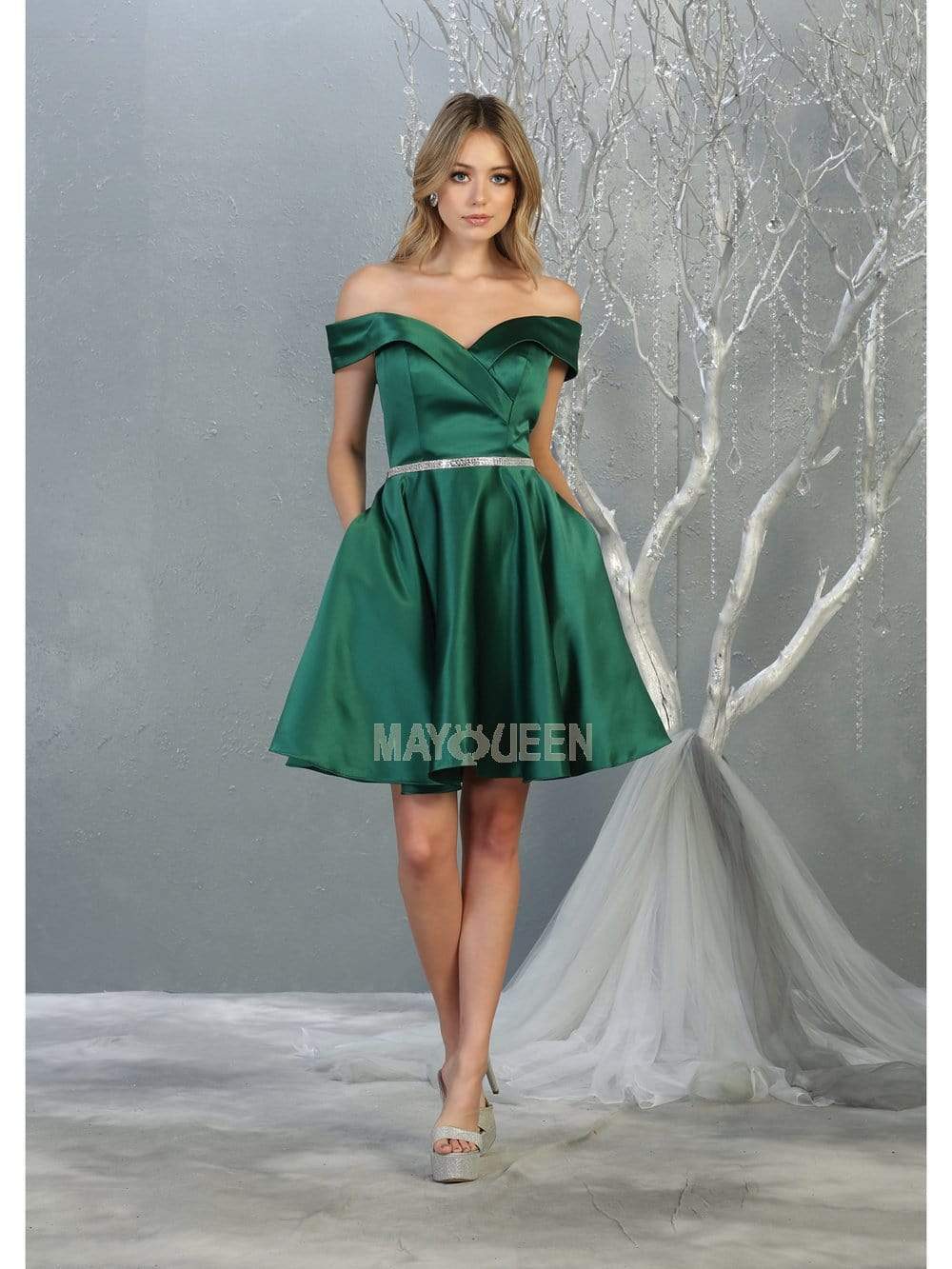 Off-Shoulder Short Satin Cocktail Dress Rhinestone May Queen MQ1815 - Image 8