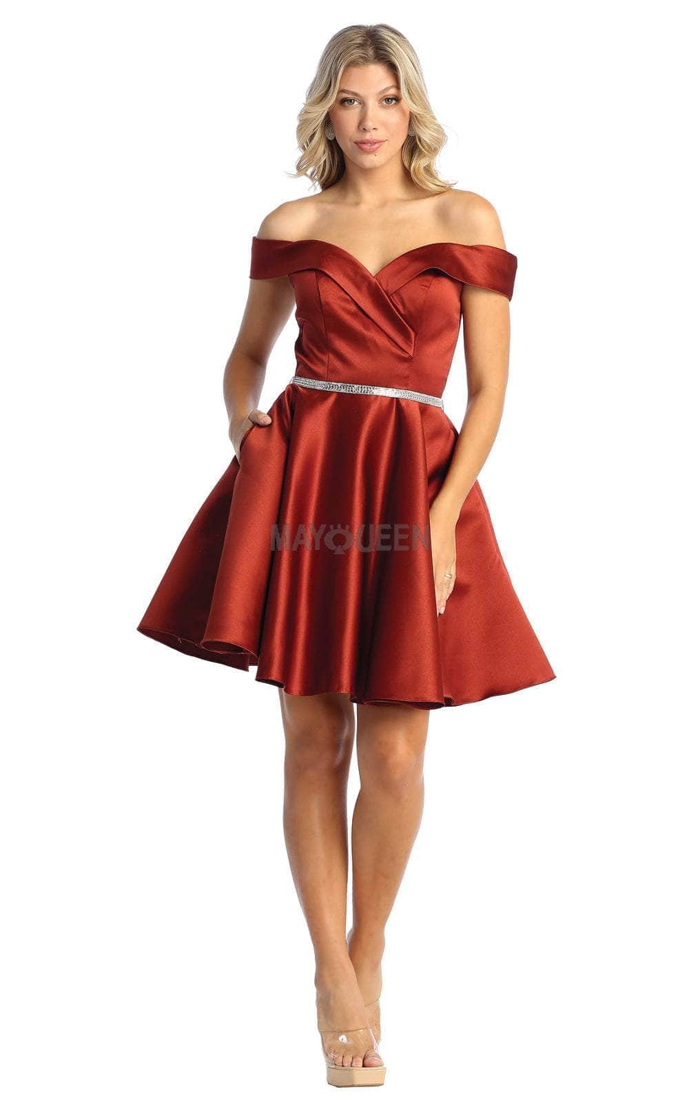 Off-Shoulder Short Satin Cocktail Dress Rhinestone May Queen MQ1815 - Image 5