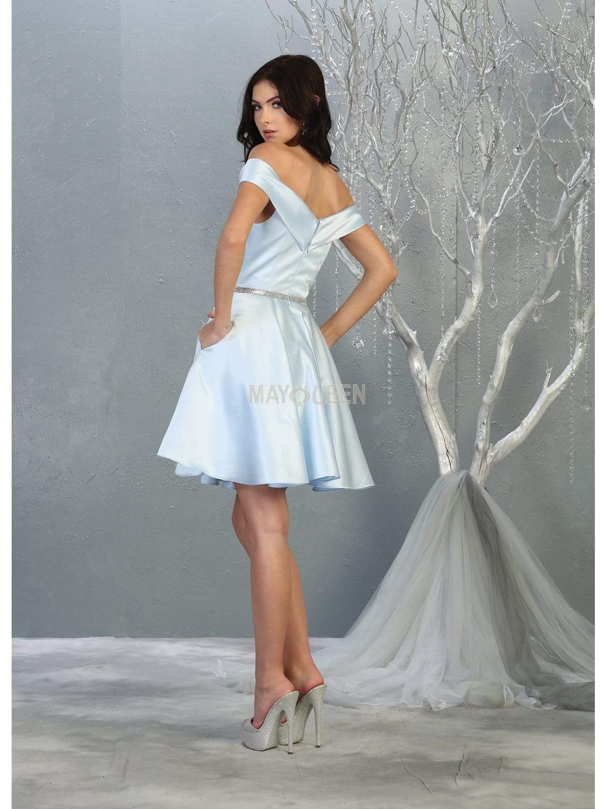 Off-Shoulder Short Satin Cocktail Dress Rhinestone May Queen MQ1815 - Image 2
