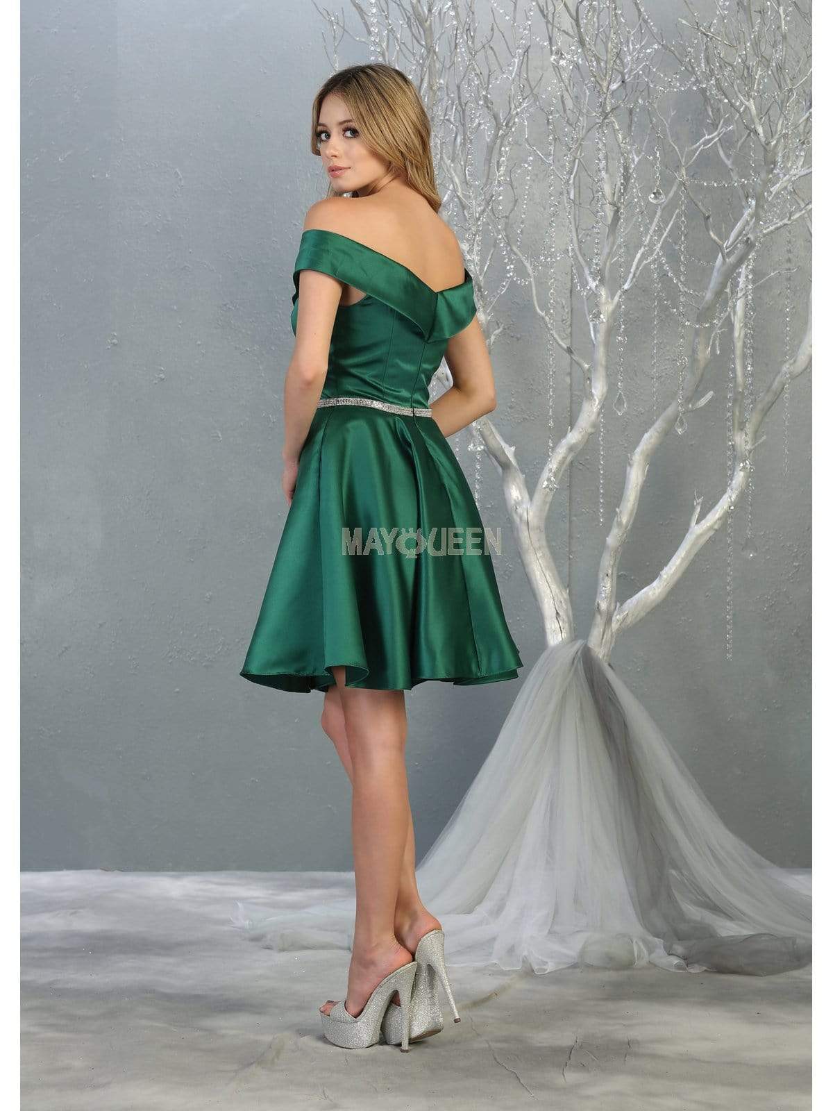 Off-Shoulder Short Satin Cocktail Dress Rhinestone May Queen MQ1815 - Image 9