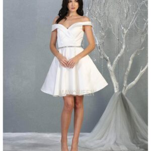 Off-Shoulder Short Satin Wedding Dress Rhinestone May Queen MQ1815
