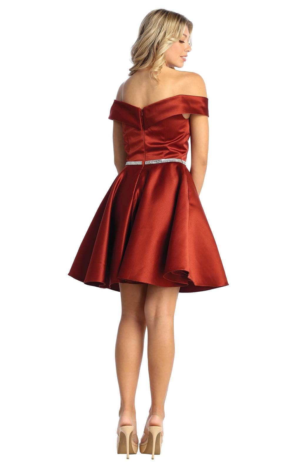 Off-Shoulder Short Satin Cocktail Dress Rhinestone May Queen MQ1815 - Image 6
