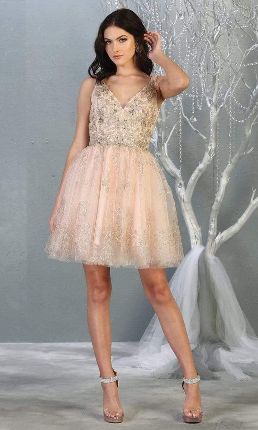 V-Neck Short Tulle Homecoming Cocktail Dress Embroidery May Queen MQ1817 - Image 3