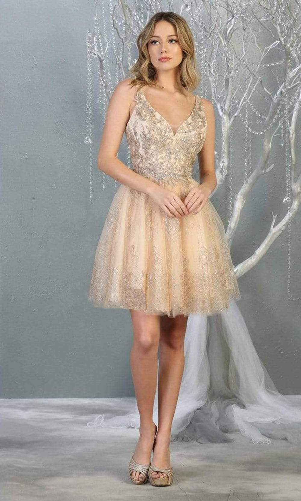 V-Neck Short Tulle Homecoming Cocktail Dress Embroidery May Queen MQ1817 - Image 7