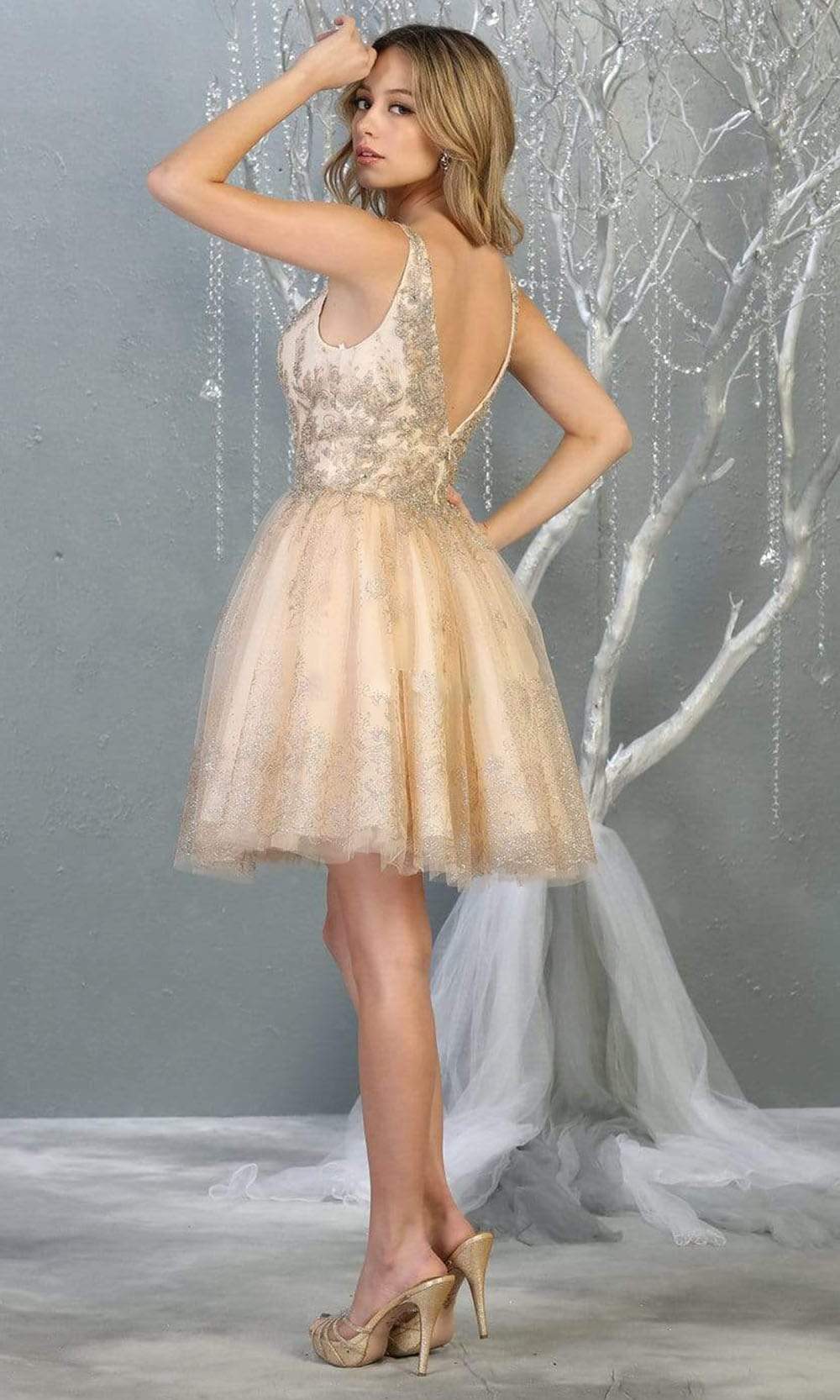 V-Neck Short Tulle Homecoming Cocktail Dress Embroidery May Queen MQ1817 - Image 8