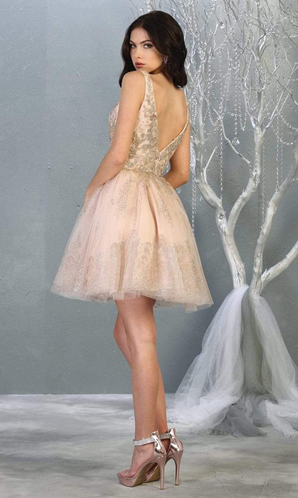 V-Neck Short Tulle Homecoming Cocktail Dress Embroidery May Queen MQ1817 - Image 4