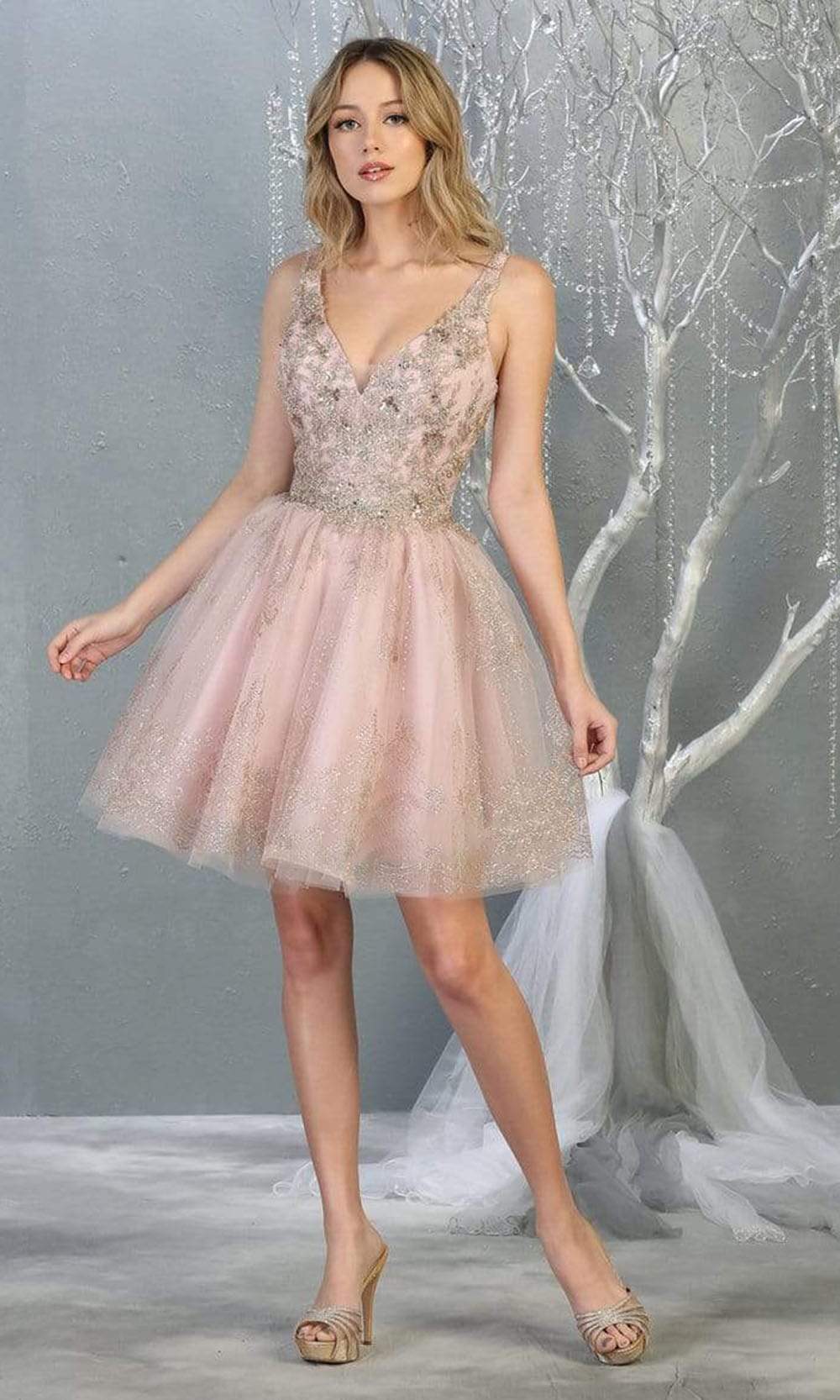 V-Neck Short Tulle Homecoming Cocktail Dress Embroidery May Queen MQ1817 - Image 9
