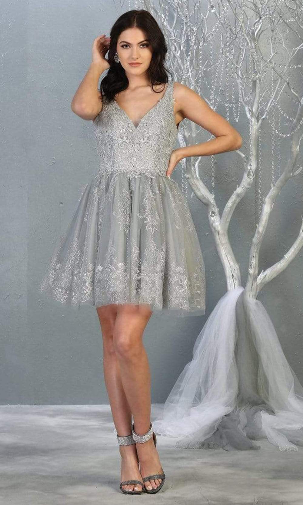 V-Neck Short Tulle Homecoming Cocktail Dress Embroidery May Queen MQ1817 - Image 11