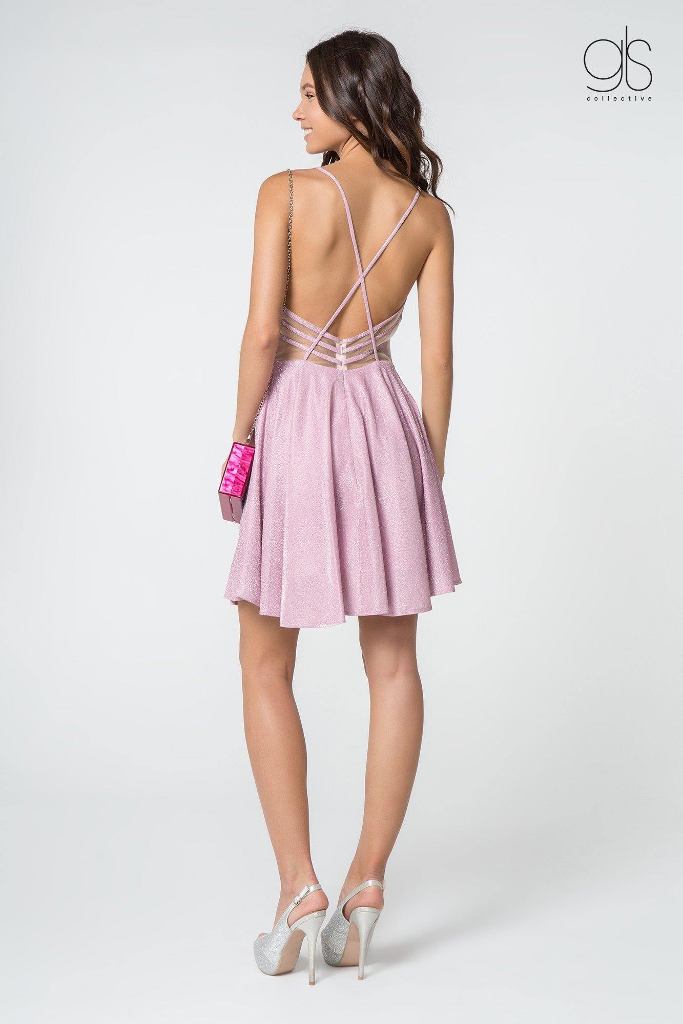 Prom Short V-Neck Spaghetti Strap Glitter Cocktail Dress - Image 2